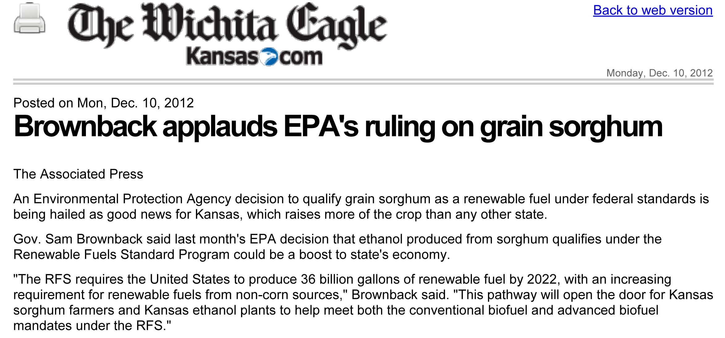 Brownback applauds EPA's ruling on grain sorghum | Wichita Eagle