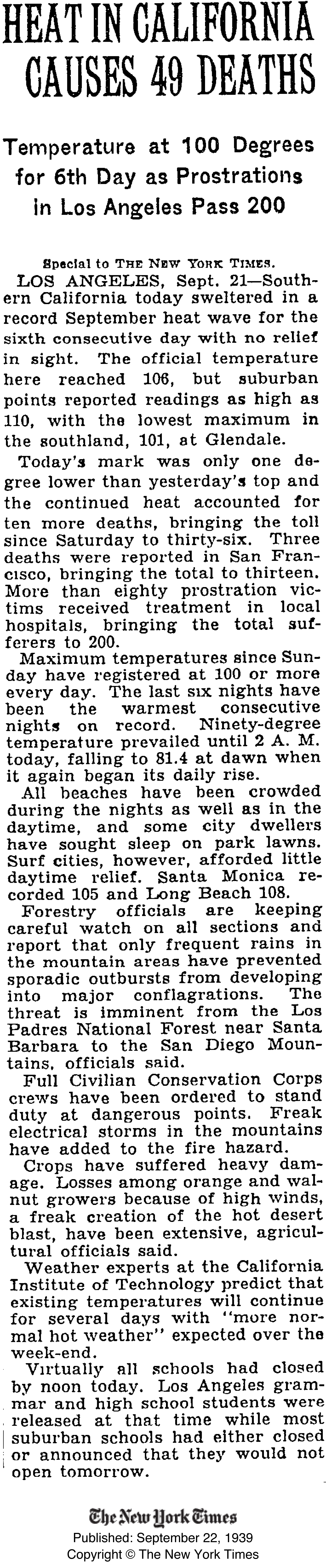 NYTimes 1939 California heat wave