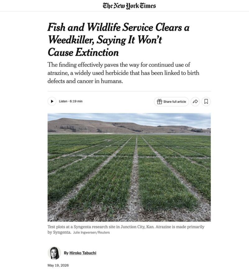 Image for the Tweet beginning: Sorry, NYTimes @HirokoTabuchi, atrazine is
