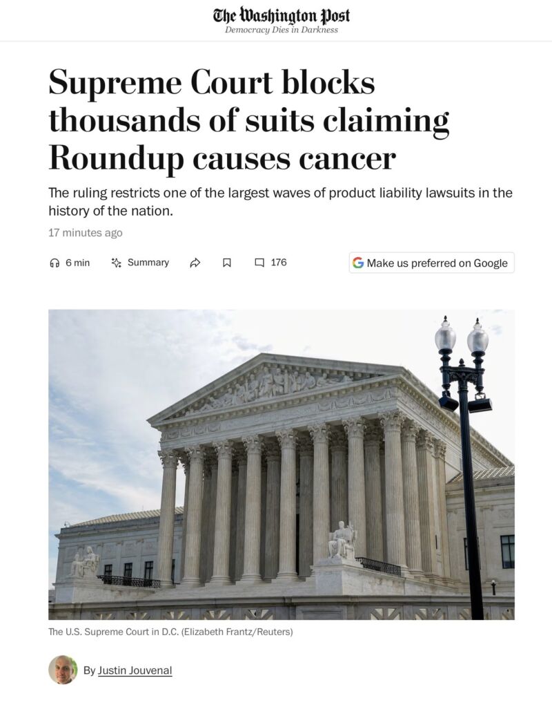 Image for the Tweet beginning: Roundup lawsuit racket preempted: SCOTUS