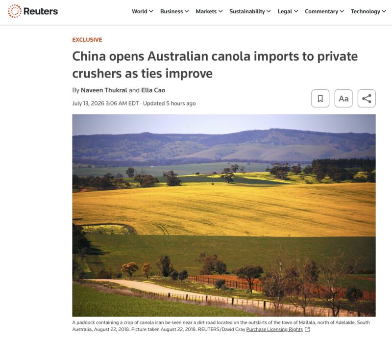 Image for the Tweet beginning: Communist China allows Australian canola