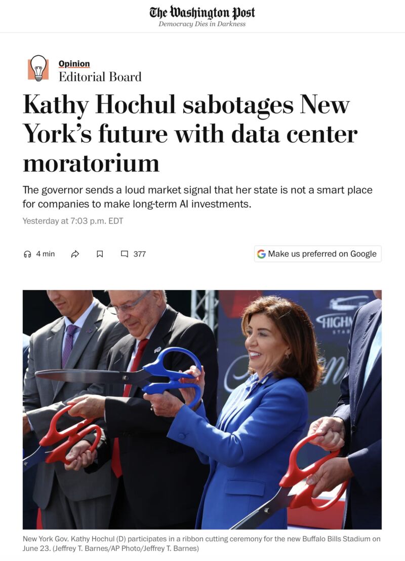 Image for the Tweet beginning: Kathy Hochul's data center moratorium