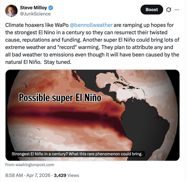 Image for the Tweet beginning: My El Niño prediction about