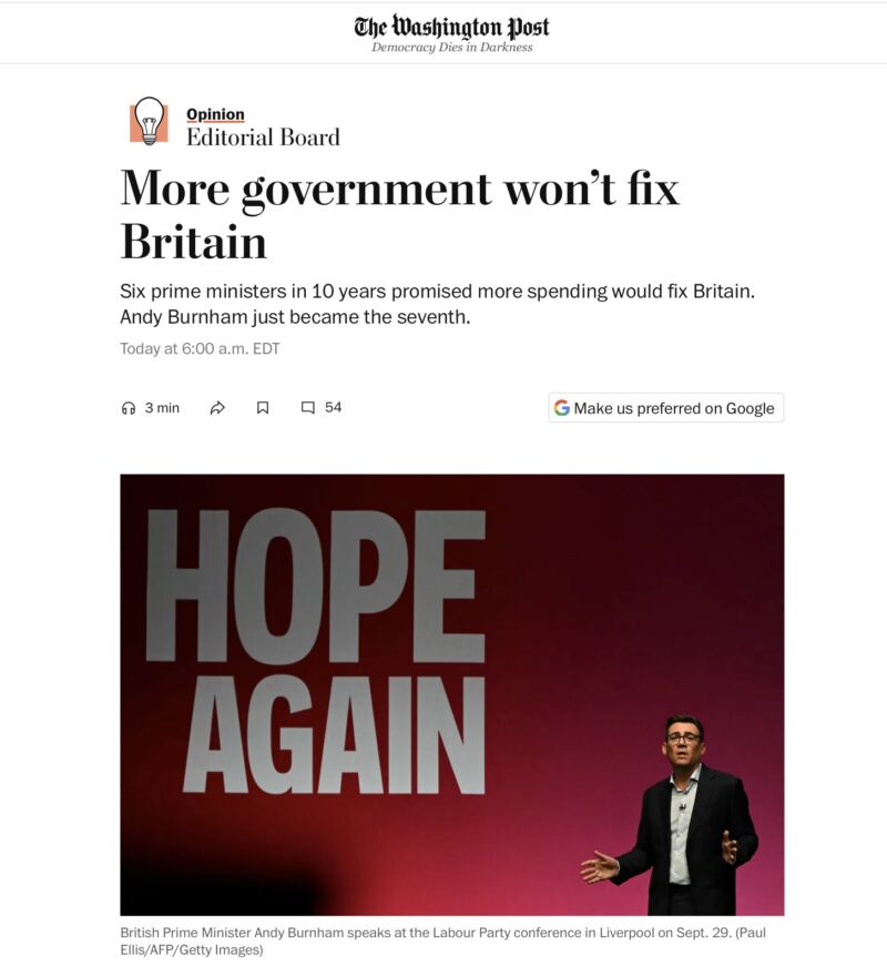 Image for the Tweet beginning: "More government won't fix Britain"